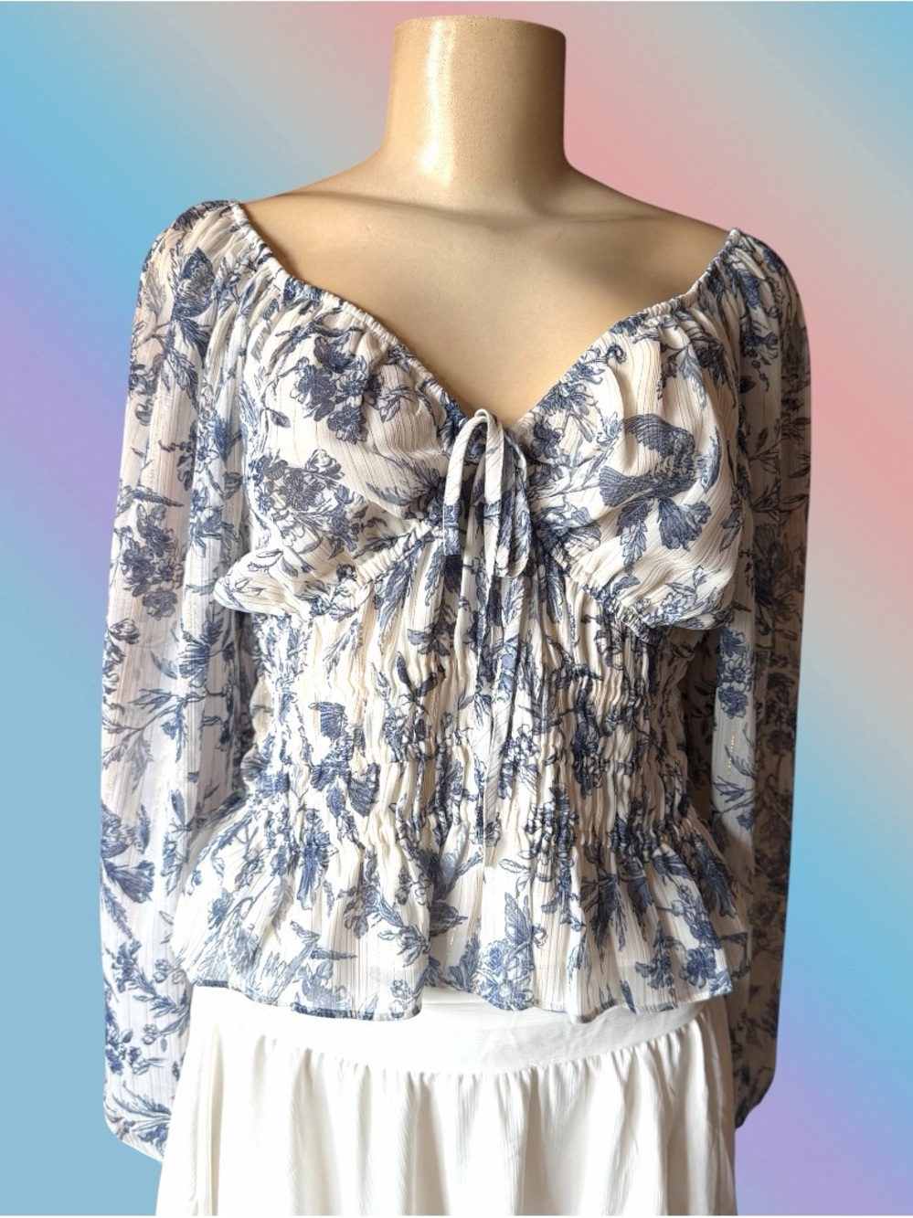 Euro summer Coastal Gray and blue Smocked Peplum Blouse with Bishop Sleeves